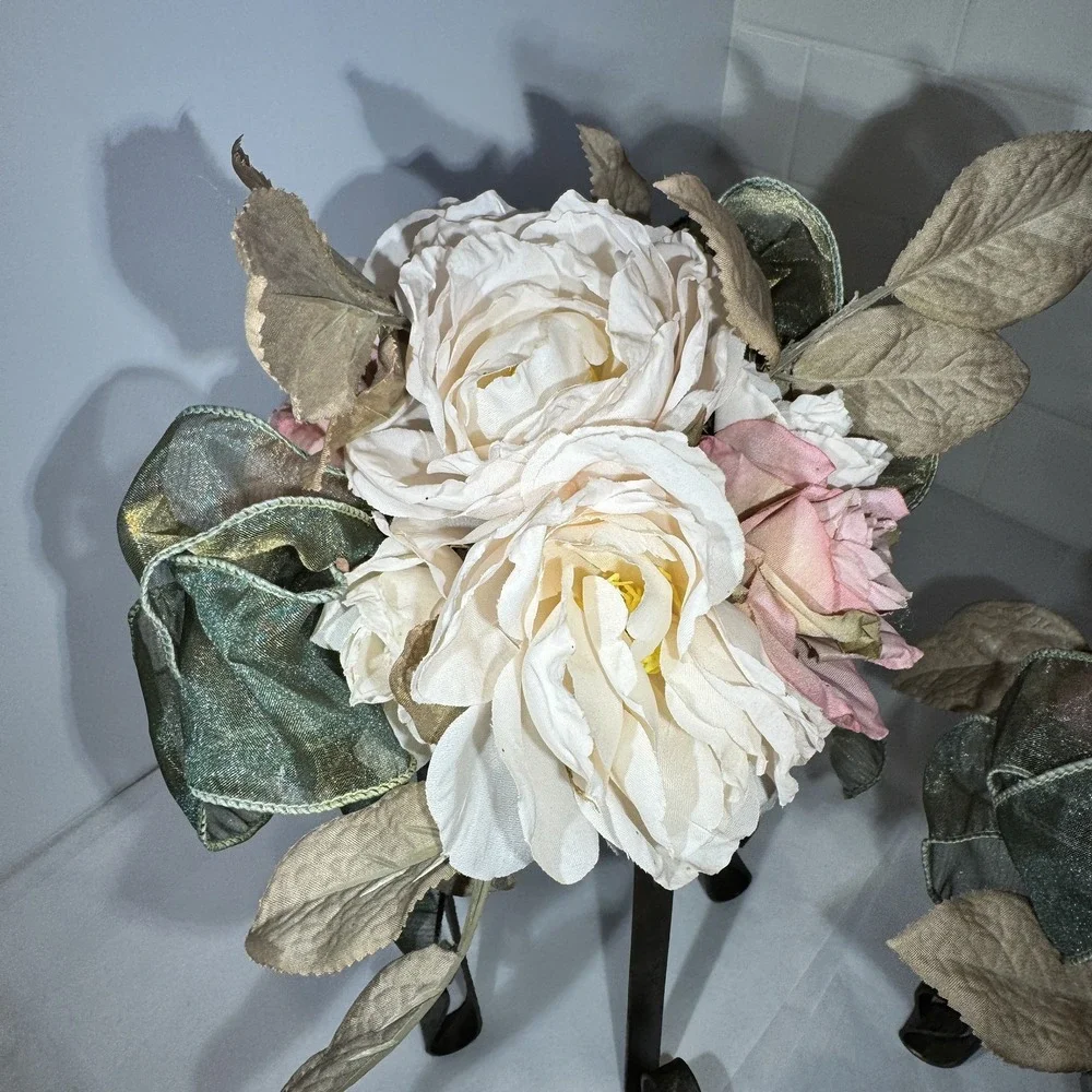 Artificial Pink/Dusty Rose/moss Flower FAUX Bouquet w Iron Legs Green Ribbon‎